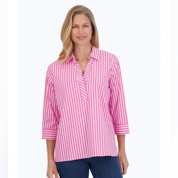 Foxcroft Tops - Foxcroft for Appleseed’s Sophia Stretch No Iron Stripe Popover Shirt